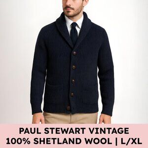 Paul Stuart Shetland Wool Shawl Collar Cardigan Navy Vintage 40 L XL Sweater